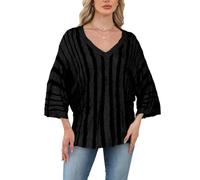 Quatrefox Jumper Sweater Women Thin Fall Pullover V-Neck Sweaters 3/4 Sleeve Jumpers Color-Block Striped Knitted Tops Ladies Loose Sweatshirt for Autumn Spring (Black,L)