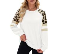 Quatrefox Sweatshirt Women Cotton Pullover Casual Crew Neck Tops Patchwork Contrast Leopard Shirt Blouse for Autumn Winter Spring (White, XL)