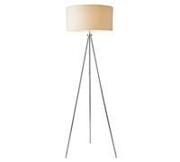 Quatro Modern Silver Chrome Tripod Standing Switched Floor Lamp with an Ivory Fabric Cylinder Light Shade