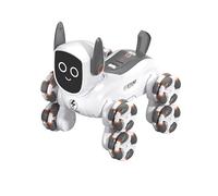 Quavva 8-Wheel Smart Stunt Robot Dog with 360° Rotation, 2.4G Remote Control, LED Lights and Music, All-Terrain RC Robotic Pet - Silver White(Voice+watch control)