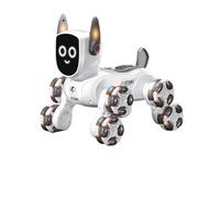 Quavva 8-Wheel Smart Stunt Robot Dog with 360° Rotation, 2.4G Remote Control, LED Lights and Music, All-Terrain RC Robotic Pet - Silver White(A+watch control)