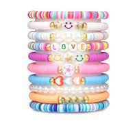 Qubitly 10 Pcs Friendship Bracelets Set, Beaded Bracelets with Smile Face, Heart, Stars, Letter Beads, Stretch String BFF Friendship Gifts for Girls and Kids, Girls Party Bag Fillers