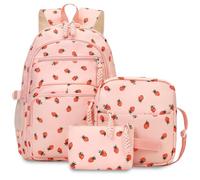 Qubitly 3-Piece Set Strawberry Kids Backpack, School Bag with Crossbody Bag & Wallet, Pink Backpack for Girls Teens Women, Waterproof School Bag for Daily Use & Travel
