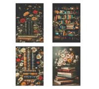 Qubitly 4PCS Diamond Painting Kits Vintage Books Flowers Theme, Canvas Diamond Art Kits Adults with Acrylic Stones, Gem Art Set Complete with Tools, DIY Diamond Painting for Living Room Bedroom
