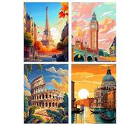 Qubitly 4PCS Famous Landmarks Diamond Painting Kits, World Landmark 5D Diamond Art for Adults, DIY Travel Theme Gem Art Set for Home Wall Decor (16x12 Inch Unframed)