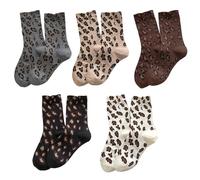 Qubitly 5 Pairs Leopard Print Socks, Soft Womens Crew Socks, Breathable Leopard Print Gifts, No-Slip Cuff Sock for Daily, Wear, Home, Hiking, Gifts for Her