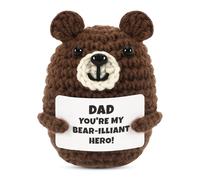 Qubitly Mini Bear Gifts for Dad Bonus Step Father from Daughter Son, Positive Crochet Animals with Cards, Cute Brown Bear Knitted Toys, Perfect Handmade Gifts for Birthday, Fathers Day & Christmas