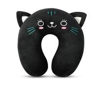 Qubitly Neck Pillow, Memory Foam Kids Travel Pillow with Pure Cotton, Black Cat Design for Children & Adults, Support U Shaped Pillow for Travel, a Nap at Home, Take a Lunch Break at School