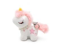 Qubitly Pink White Unicorn Bag Charm, 11 x 8 cm Plush Keychain with Pearl Accent, Cute Fluffy Keyring for Girls Backpacks Handbags, 40g, 1 Pc