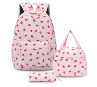 Qubitly Strawberry School Backpack 3-Piece Set, Kawaii Bag with School Lunch Box & Pencil Case, Cute Backpack Sets for Girls, Pink Bookbag for Teens & Women