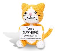 Qubitly Yellow Crochet Cat Emotional Support Gift with Greeting Card, Handmade Positive Crochet Animals for Anxiety Relief, Cute Positive Gifts for Friends and Mental Wellness