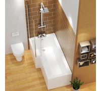 Qubix 1600 x 850mm Left Hand L-Shaped Shower Bath Bathtub with MDF Front Panel + Glass Shower Screen