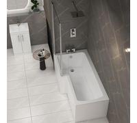 Qubix 1700 x 850mm Left Hand L-Shaped Shower Bath Bathtub with Front & End Panel + Glass Shower Screen Compact Bathroom Solution