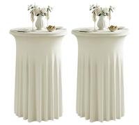 Qubjus 2 Pack Round Cocktail Table Cover with Skirt, Stretch Spandex 24" x 43" Round Tablecloth for Parties Weddings Birthdays Banquets - Beige
