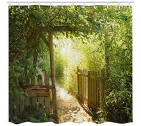 Qucarder Green Bamboo Forest Scenery Shower Curtain Open Wooden Fence Walkway to Garden Bath Curtain Waterproof Shower Curtains for Bathroom Decor with 12 Hooks 60x72 Inch