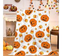 Qucarder Halloween Throw Blanket Fall Halloween Orange Pumpkins with Candy Corns Throw Blankets Lightweight Cozy Flannel Blanket for Bedroom Living Room Couch Sofa Home Decor 40x50 Inch