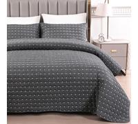 Qucover 100% Cotton Quilted Bedspreads King Size, 3-Piece Black Bedspread Set 228x243cm with 2 Pillowcases 50x75 cm, Bed Thrown Blanket Coverlet Set with Modern Cross-Stitch Pattern