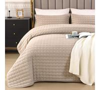 Qucover 100% Cotton Quilted Bedspreads Super King Size, 3-Piece Khaki Bedspread Set 269x243cm with 2 Pillowcases 50x75cm, Large Bed Throw Blanket Coverlet Set with Cross-Stitch Pattern, All Season