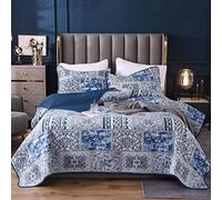 Qucover 2 PCs Quilted Bedspreads Single 180x220 cm with 1 Pillowcases, Blue Floral Patchwork Pattern Quilted Bed Throw Lightweight Cotton Quilt Coverlet Set