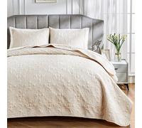 Qucover Bedspreads Double Zize 3-Pieces Soft Lightweight Vintage Flower Parrten Bedspread Breathable Polyester Ultrasonic Quilting Technology Coverlet Set with Pillow Shams, Beige 228x243cm