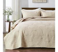 Qucover Beige Bedspread Soft and Comfortable Cotton Quilted Bedspreads King Size with Elegant Embroidered Palm Leaf Pattern, 3 Pieces Bedspreads Coverlets Sets with Pillowcases for All Seasons