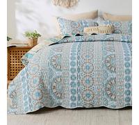 Qucover Bohemian Bedspread King Size - Ethnic Geometric Pattern Double-Sided Quilted Bedspreads, Soft Reversible Bedspread & Coverlet for Home Decor, Blue 230x250 cm with 2 Pillowcases 50x75 cm