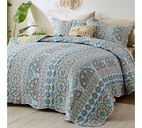 Qucover Boho Quilts Queen Size Bedding Set, Teal Blue