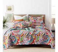 Qucover California King Quilt, Boho Paisley Pattern Colorful Cotton Quilt, 3 Piece Lightweight Oversized King Quilt, with Pillow Shams, Multicolor Red, Pink, Orange and Blue Cal King Quilt, 118x106