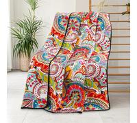 Qucover Cotton Quilted Throw Blanket, Soft Boho Quilt 59"x79", Bright Colorful Red, Orange, Pink and Blue Reversible Paisley Lightweight Quilts for Couch Sofa Beds