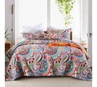 Qucover Cotton Twin Quilts Sets, 2 Piece Multicolor Paisley Pattern Red, Orange, Blue Twin Quilt Bedspread Set with Pillow Shams, 68"x86"