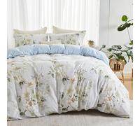 Qucover Duvet Cover Sets Super King Size, 3-Piece Rustic Style White BLue Duvet Cover 260x220 cm with 2 Pillowcases, Microfiber Floral Printed Duvet Cover Bedding Set with Metal Zipper and Corner Ties
