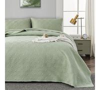 Qucover Green Bedspread Super King Size 260x280cm, 3-Piece Polyester Breathable Geometric Pattern 3D Ultrasonic Quilting Technology Lightweight Summer Quilted Bed Throw Bedspreads with Pillow Shams
