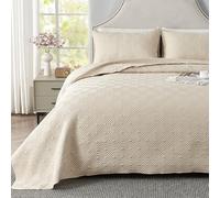 Qucover King Size Bedspread, 3-Piece Beige Polyester Breathable Geometric Pattern 3D Ultrasonic Quilting Technology Lightweight Summer Bedspreads with Pillow Shams, 240x260cm