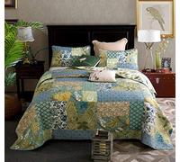 Qucover Patchwork Bedspread Super King Size 3-Pieces 100% Cotton Retro Chic Floral Printed Quilted Bedspreads Coverlet 240x270 cm with 2 Pillow Shams