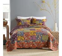 Qucover Patchwork Quilt Double, Mixed Colors Orange Yellow Blue - Quilted Bedspreads Double Size, Real Patchwork American Style Bed Spread, Handmade 100% Cotton Bedspread with 2 Matching Pillowcases