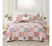 Qucover Quilted Bedspread King Size, American Style Pink Floral Patchwork Quilts Summer Bedspreads 230x260cm, Soft Lightweight Flower Pattern Quilted Bedspreads & Coverlet Sets with 2 Pillow Shams