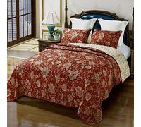 Qucover Quilted Bedspread King Size Soft Warm Cotton Reversible Wine Red and Beige Floral Printing Quilt Coverlet Set, All Seasons Bedspread Quilted with Pillowcase, 240x260 cm