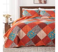 Qucover Quilted Bedspread Super King 250x270cm Patchwork Quilt All Season | 3-Piece Bedding Set Superking Size with 2 Pillowcases, Soft Microfiber Orange Floral Patchwork Bedspread Reversible Bed Cover