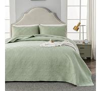 Qucover Quilted Bedspreads King Size 3-Piece King Bedspreads Green Breathable Geometric Pattern 3D Ultrasonic Quilting Lightweight Summer Bed Spread Quilted Throw with Pillow Shams, 240x260cm