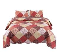Qucover Quilted Bedspreads King Size, Multicolour Print Red Pink Beige Patchwork Quilt 230x250cm with 2 Pillow Shams, Lightweight Soft Microfiber Floral Reversible Coverlet Set for All Seasons