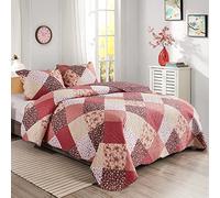 Qucover Quilted Bedspreads King Size, Multicolour Print Red Pink Beige Patchwork Quilt with 2 Pillow Shams, Lightweight Soft Microfiber Floral Reversible Coverlet Set for All Seasons
