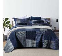 Qucover Quilted Double Bedspreads 100% Cotton Vintage Blue Patchwork Quilts