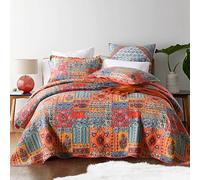 Qucover Quilted Patchwork Bedspread Super King Size, Cotton Patchwork Quilt | 250x270cm Floral Patchwork Coverlet Set with 2 Pillowcases, Reversible Quilted Throw Blanket for Sofa Bed Couch Office Travel