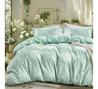 Qucover Sage Green Double Bedding Set, Soft 3PC Floral Printed Double Duvet Cover, Cottage Core Aesthetic Floral Bedding with Pillowcases, Zipper and Corner Ties, Leaf & Plant Pattern, 200x200 cm