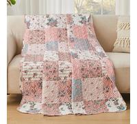 Qucover Single Bedspread 150x200cm, American Style Pink Patchwork Bedspread in Flower Pattern, Lightweight and Breathable Polyester Floral Patchwork Quilt Coverlet Quilted Throw