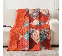 Qucover Single Bedspread 150x200cm Orange Patchwork Quilt Cover All Season | Soft Microfiber Floral Patchwork Bedspread, Reversible Bed Throw for Sofa Couch Bedroom, Lightweight Breathable Coverlet Set
