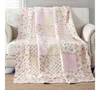 Qucover Single Bedspread Quilted Sofa Bed Throws Soft 100% Cotton Pink Floral Patchwork Quilt 127x152 cm Decorative Sofa Bedspreads Couch Coverlet