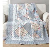 Qucover Single Bedspread Soft Original 100% Cotton Patchwork Quilt, Reversible Floral Vintage Shabby Chic Quilted Throw Blanket for Couch Sofa, Blue 127x152 cm