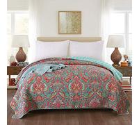 Qucover Single Quilted Bedspreads Lightweight Microfiber Cotton Paisley Bed Spred Single Blue Red Floral Pattern Quilted Sofa Throws 150x200 cm