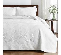 Qucover White Quilted Bedspreads Soft and Comfortable Cotton Bedspread King Size with Elegant Embroidered Palm Leaf Pattern, 3 Pieces Bedspreads Coverlets Sets with Pillowcases for All Seasons